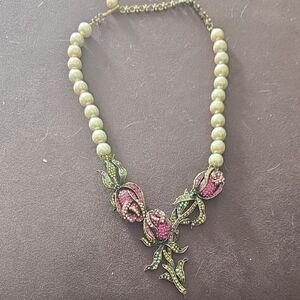 Pearl Necklace with Pink Floral Pendant